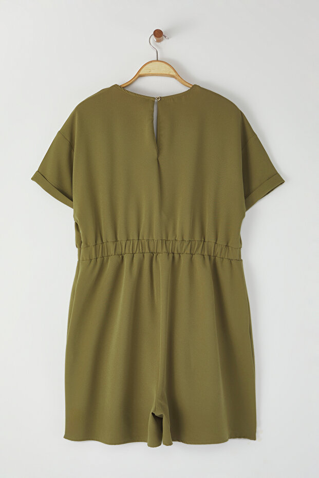 Khaki Dwurzędowy Kombinezon z Kołnierzykiem Tkany Plus Size Tbbss25Bg00006 - 9