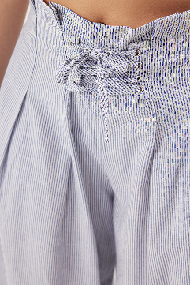 Çok Renkli Çizgili Keten Görünümlü Wide Leg/Geniş Paça Dokuma Pantolon TWOSS25PL00032 Palazzo - 5