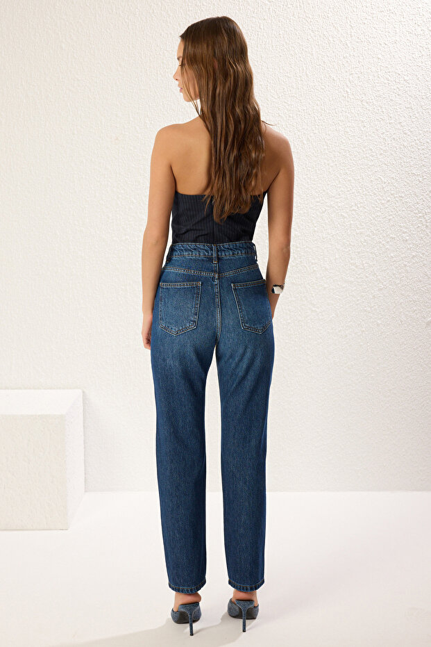 Koyu Mavi Yüksek Bel Düz Kesim Straight %100 Pamuk Non-Stretch Jeans TWOSS23JE00089 - 5