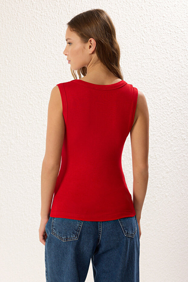 Kırmızı Fitted/Vücuda Oturan Kolsuz Esnek Örme Atlet TWOSS25AL00022 - 5