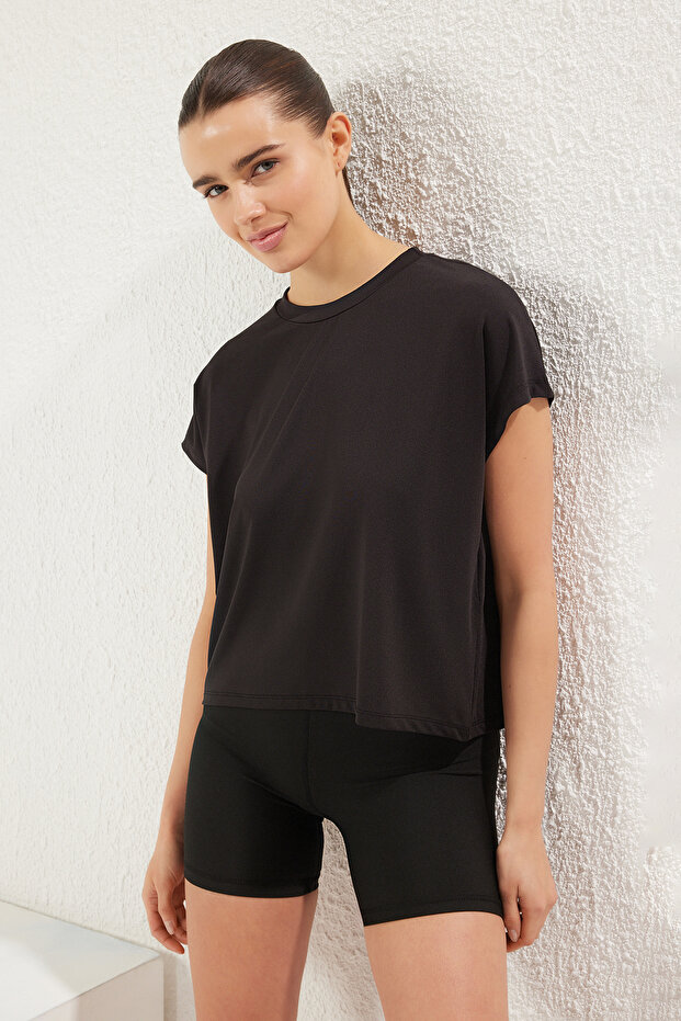 Siyah Micro Kumaş Normal Kalıp Örme Spor T-Shirt THMSS25TS00001 - 2