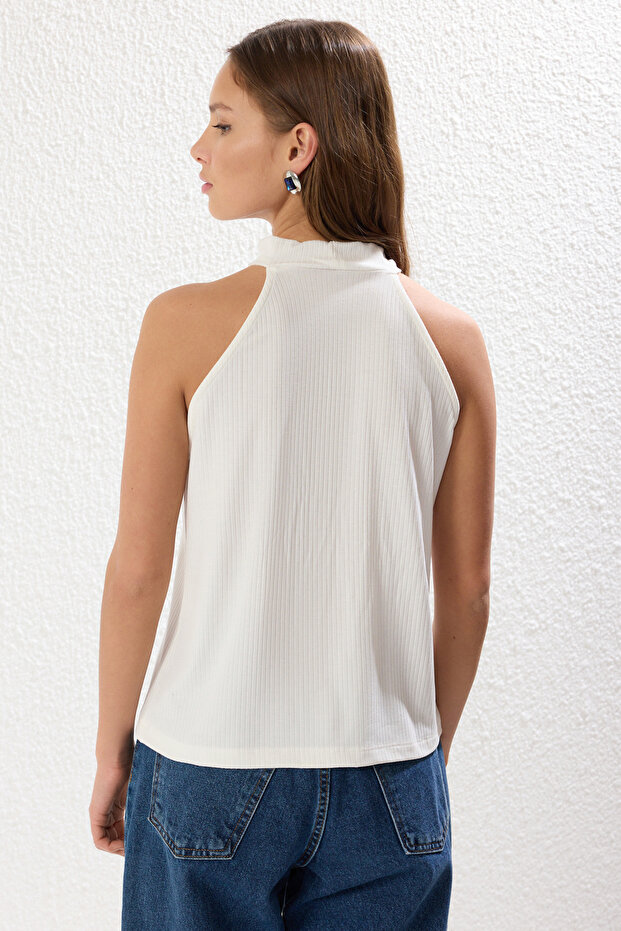 Ekru Regular/Normal Kalıp Halter Yaka Esnek  Örme Atlet TWOSS25AL00021 - 5