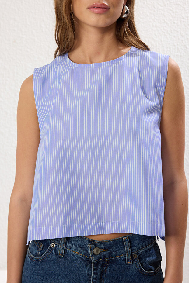 Mavi Yanları İp Detaylı Bisiklet Yaka Çizgili Crop Dokuma Bluz TWOSS25BZ00114 - 4