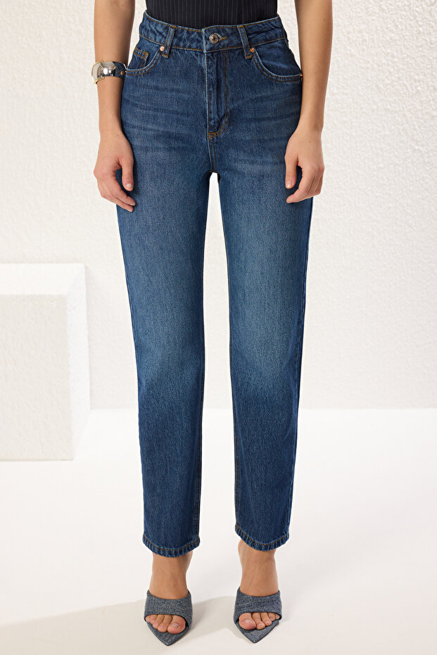 Koyu Mavi Yüksek Bel Düz Kesim Straight %100 Pamuk Non-Stretch Jeans TWOSS23JE00089 - 3