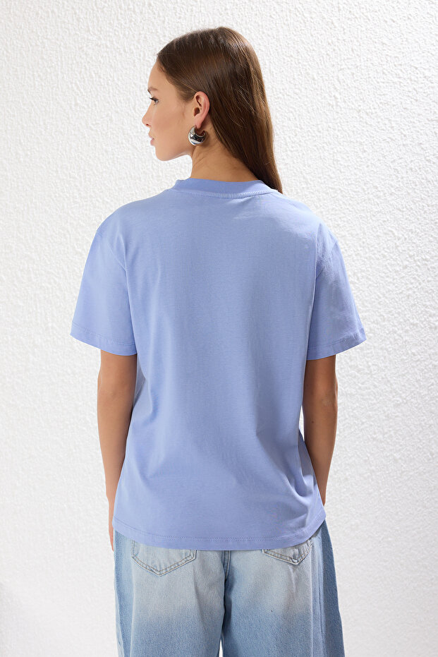 Ekru-Mavi 2'li Paket %100 Pamuk Basic Dik Yaka Örme T-Shirt TWOSS20TS1500 - 6
