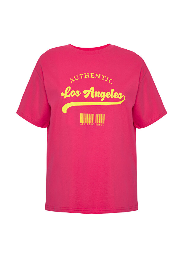 Pembe Geniş Kalıp Bisiklet Yaka Baskılı %100 Pamuk Örme T-shirt TBBSS23AH00131 - 7