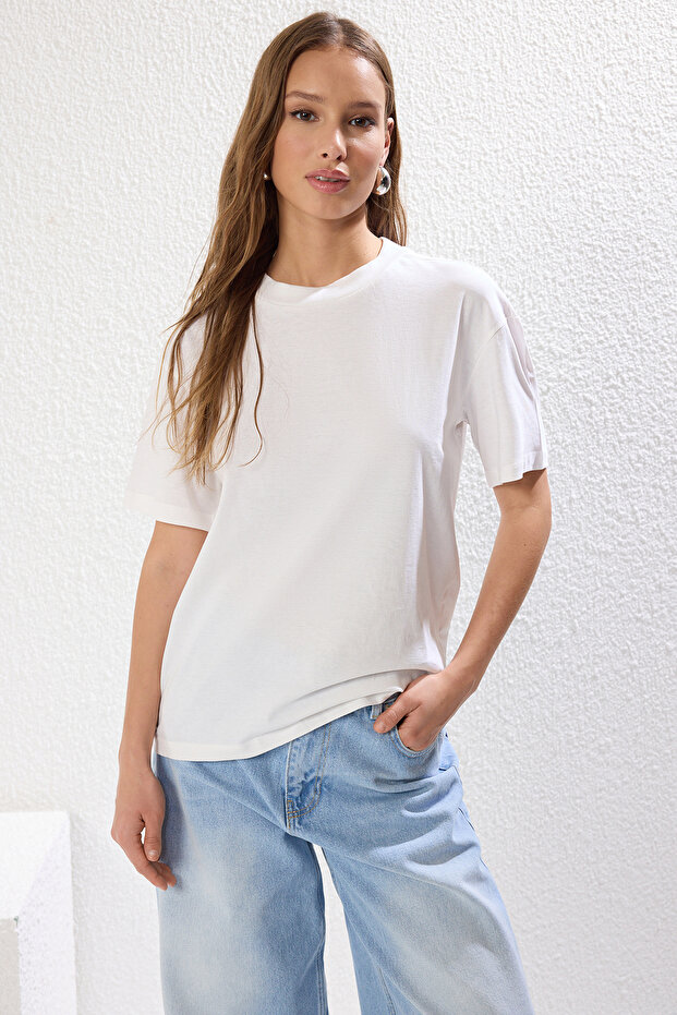 Ekru-Mavi 2'li Paket %100 Pamuk Basic Dik Yaka Örme T-Shirt TWOSS20TS1500 - 2