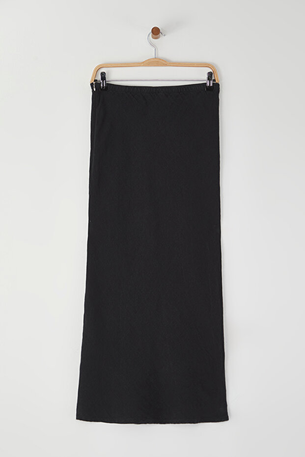 Siyah %100 Keten Beli Lastikli Yüksek Bel Midi Etek TWOSS24ET00152 - 7