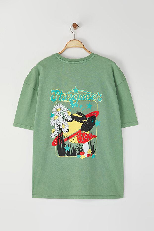 Yeşil Oversize/Geniş Kesim Bisiklet Yaka Kısa Kollu Asit Yıkamalı Baskılı Tok T-shirt TMNSS22TS0831 - 2