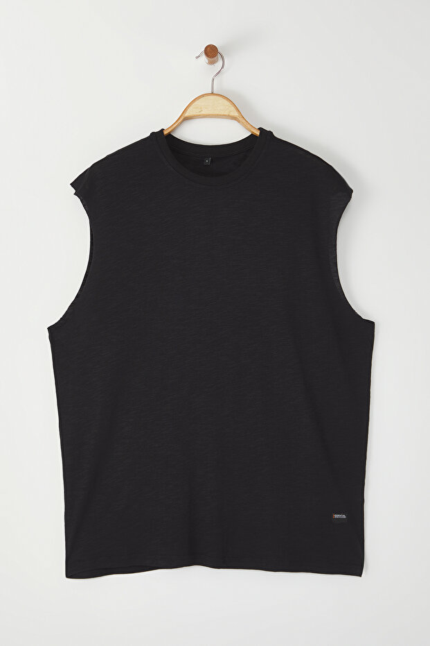 Siyah Oversize/Geniş Kesim Basic Etiketli %100 Pamuk Kolsuz T-shirt/Atlet TMNSS25AL00002 - 3