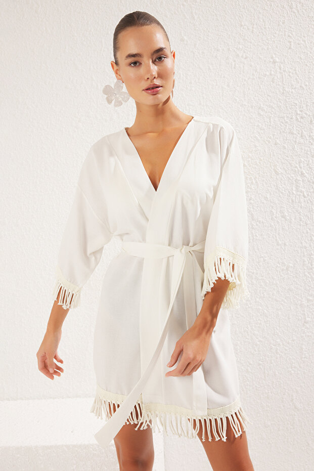 Ekru Dokuma Püskül Plaj Mini Kuşaklı Kimono&Kaftan TBESS25KM00001 - 2