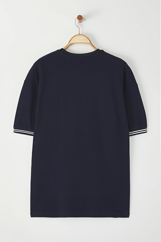 Lacivert Oversize/Geniş Kesim Nakışlı Triko Bant Detaylı Dokulu T-Shirt TMNSS25TS00019 - 4
