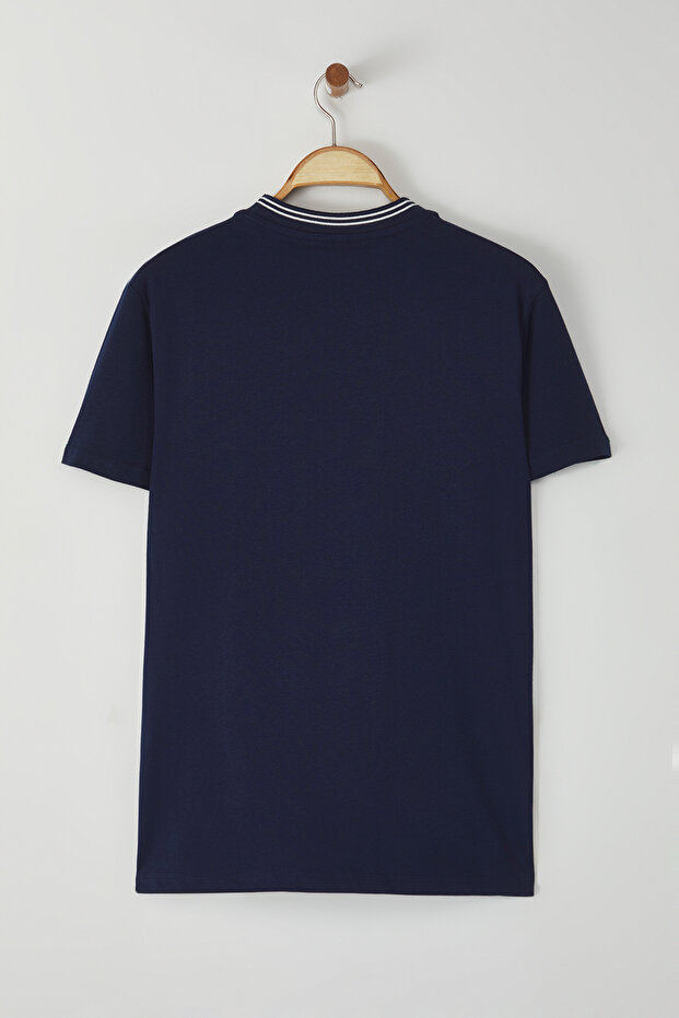Lacivert Regular/Normal Kesim Cep ve Triko Bant Detaylı %100 Pamuk Basic Tok T-shirt TMNSS25TS00035 - 3