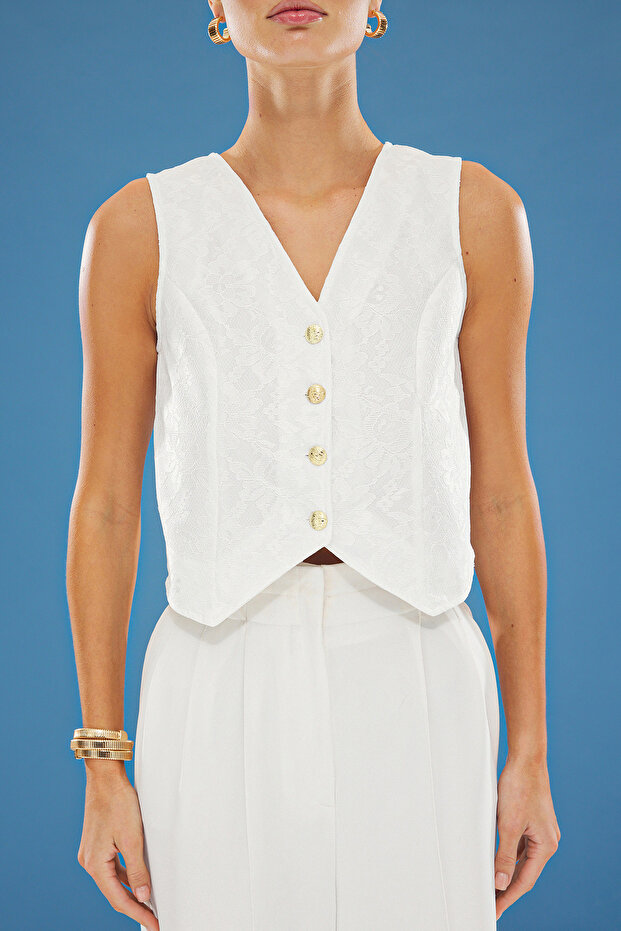 Beyaz Fitted V Yaka Brode/Dantel Crop Dokuma Yelek TWOSS25YE00040 - 3