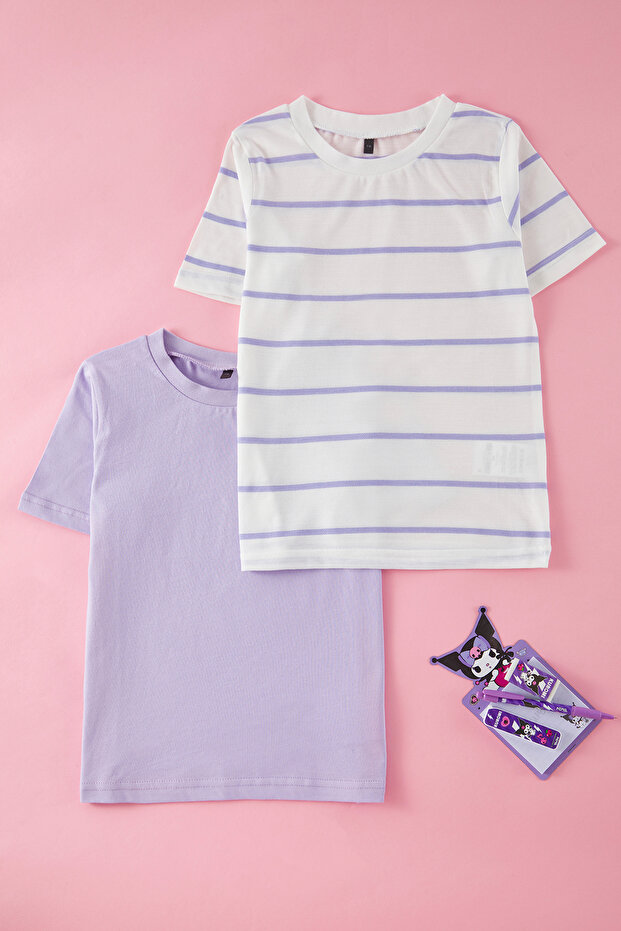 Lila-Ekru 2'li Kız Çocuk Regular/Normal Kalıp Kısa Kol Örme T-Shirt TKDSS25TS00028 - 1