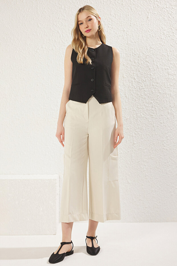 Ekru Yanları Cep Detaylı Yüksek Bel Wide Leg/Geniş Paça Dokuma Pantolon TWOSS25PL00069 - 2