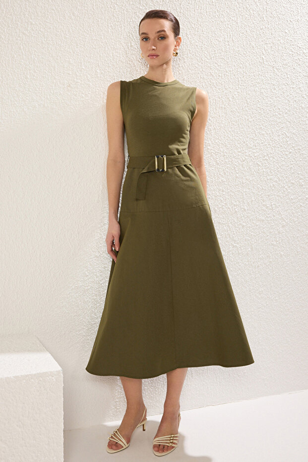 Haki Kemerli A Kesim Midi Gabardin Dokuma Elbise TWOSS25EL00055 - 2