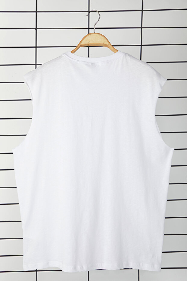 Beyaz Oversize/Geniş Kesim Basic Etiketli %100 Pamuk Kolsuz T-shirt/Atlet - 5