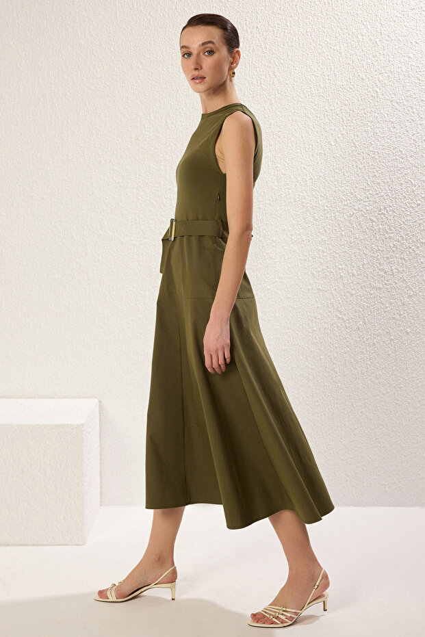 Haki Kemerli A Kesim Midi Gabardin Dokuma Elbise TWOSS25EL00055 - 3