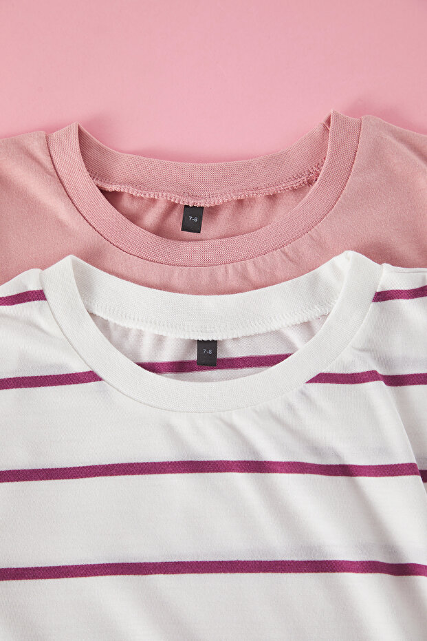 Pudra-Ekru 2'li Kız Çocuk %100 Pamuk Regular/Normal Kalıp Kısa Kol Örme T-Shirt TKDSS25TS00028 - 2