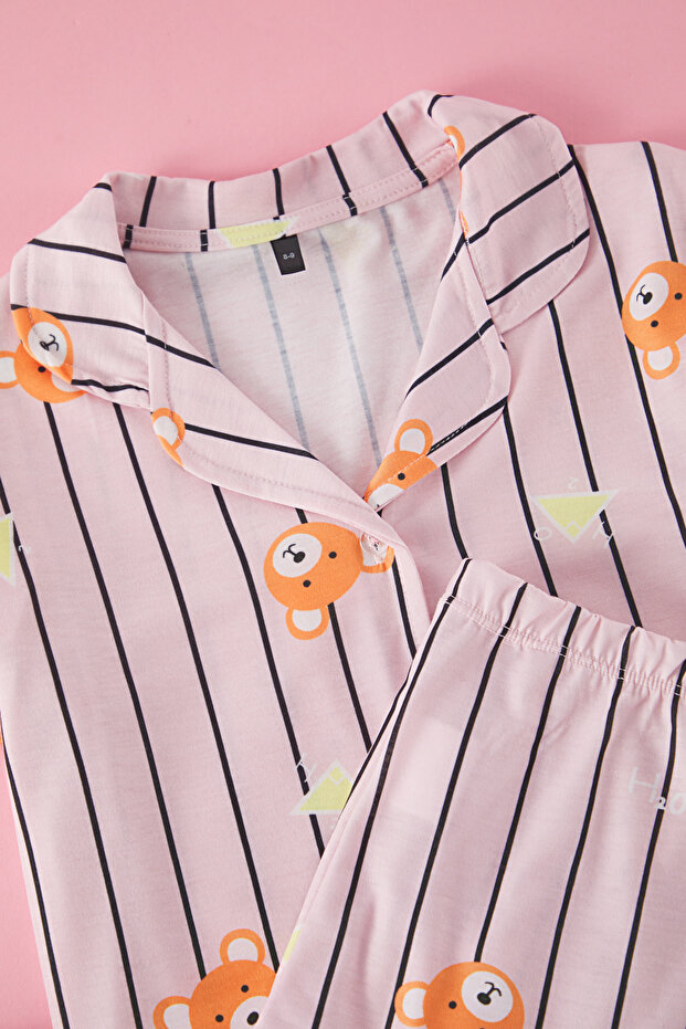 Pembe Kız Çocuk Ayıcık Baskılı Gömlek Yaka Çizgili Örme Alt Üst Pijama Takımı TKDSS25PT00005 - 2