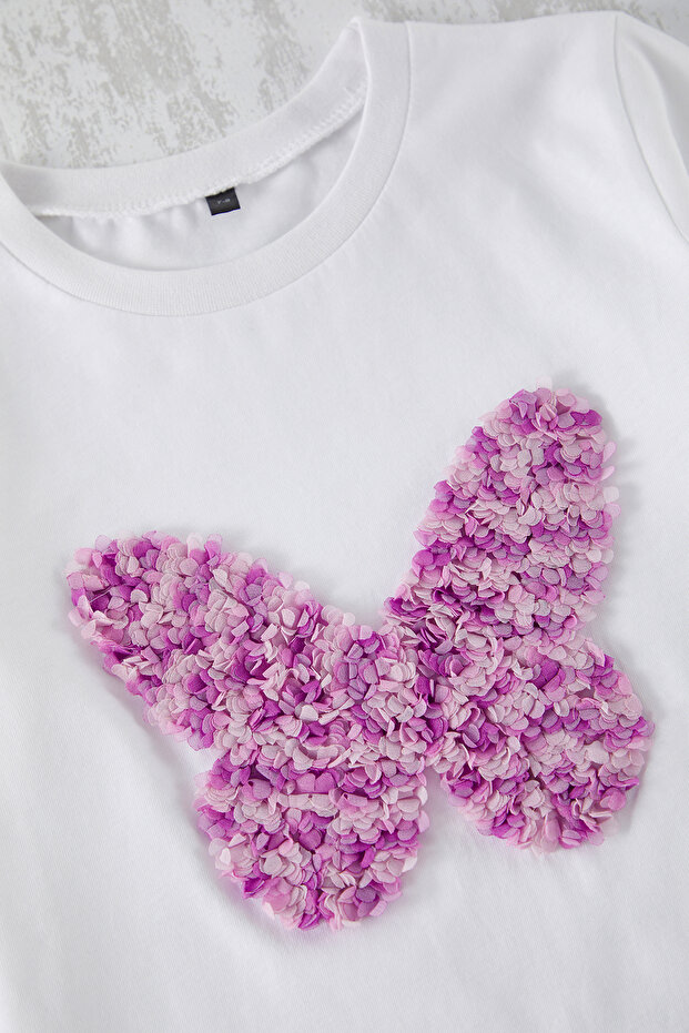 Ekru Kız Çocuk %100 Pamuk Kelebek Desenli Regular/Normal Kalıp Kısa Kol Örme T-Shirt TKDSS25TS00035 - 3