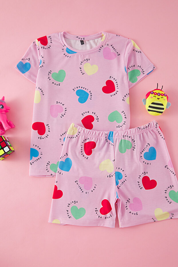 Pembe Kız Çocuk Kalp Desenli Bisiklet Yaka Alt Üst Örme Pijama Takımı TKDSS25PT00006 - 3