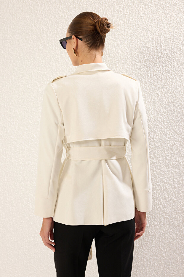 Ekru Kruvaze Süet Oversize Midi Trençkot TWOSS25TR00001 - 5