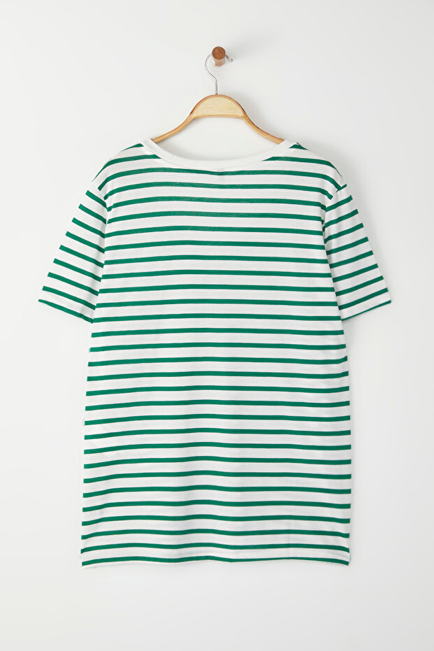 Beyaz-Yeşil Çizgili V -Yaka Örme T-shirt TBBSS23BF00016 - 7