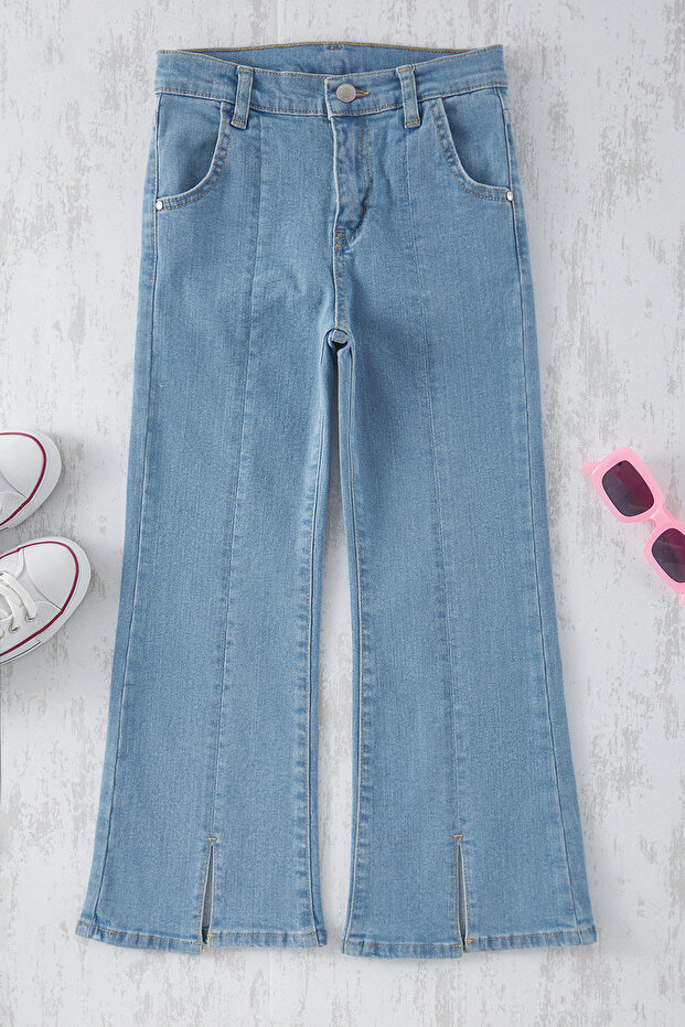 Açık Mavi Kız Çocuk Geniş Paça/Flare Lastikli Denim Jeans TKDSS25JE00003 - 4