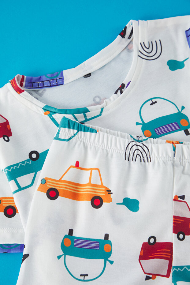 Ekru Erkek Çocuk Araba Baskılı Bisiklet Yaka Örme Alt Üst Pijama Takımı TKDSS25PT00004 - 2