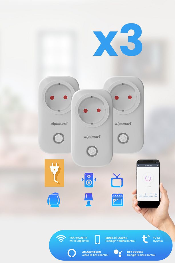 AS816 EU Wifi Akıllı Priz 3 lü Set Uzaktan Kontrollü Tuya App Destekli 16A - 1