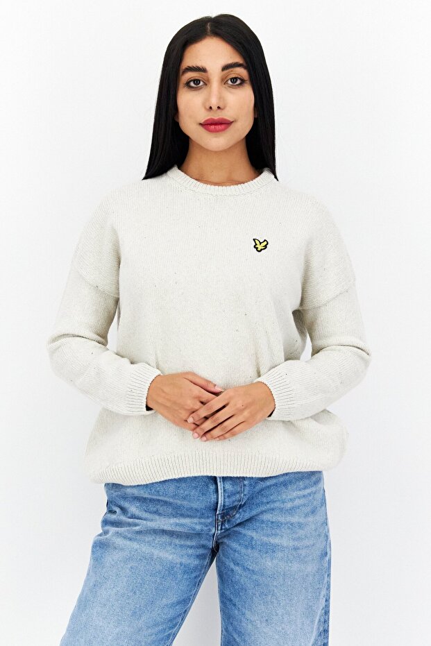 Women Crew Neck Long Sleeve Embroidered Logo Sweater, Off White