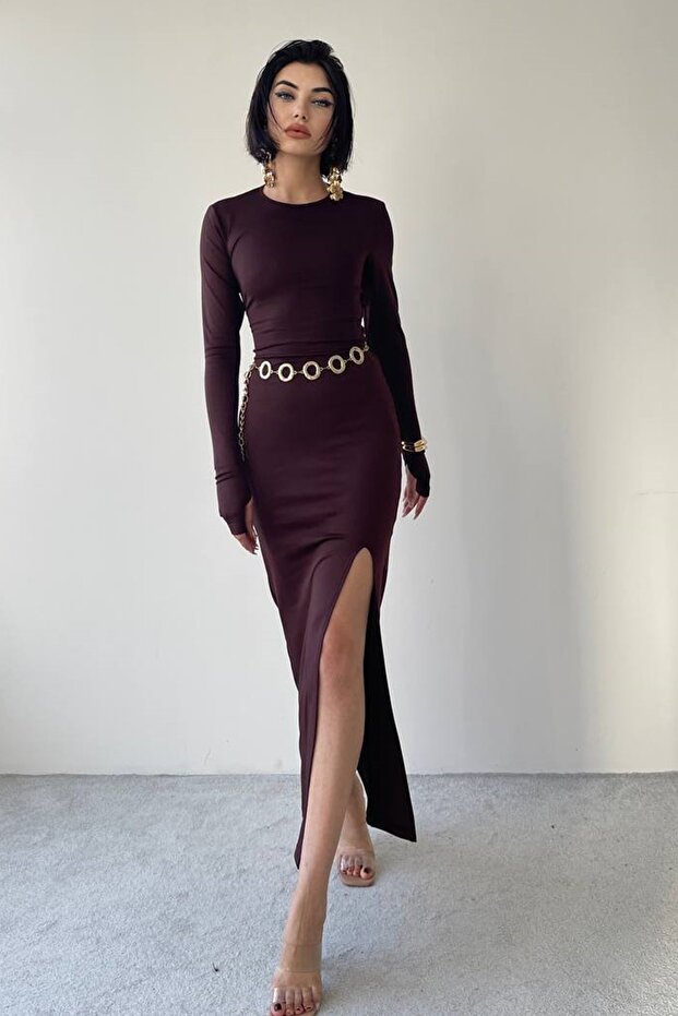 Women's Stretchy Sandy Fabric Back Drawstring and Low-Cut Lace-Up Hand-Held Midi Brown Dress 328