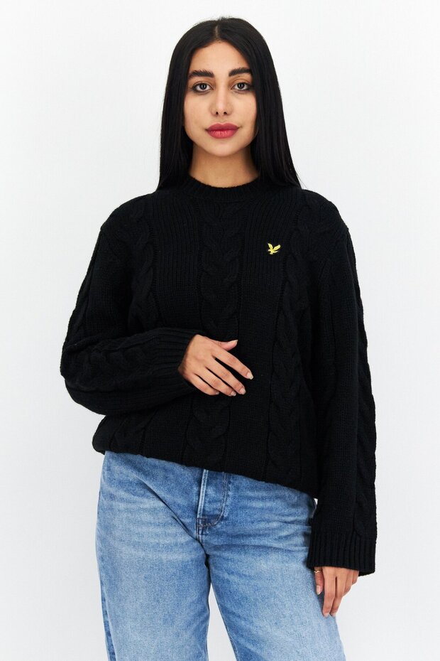 Women Crew Neck Long Sleeve Knitted Sweater, Black