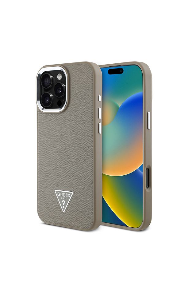 iPhone 16 Pro Max Kılıf Guess  Lisanslı Magsafe Şarj Özellikli Grained Triangle Kapak Kahverengi - 1