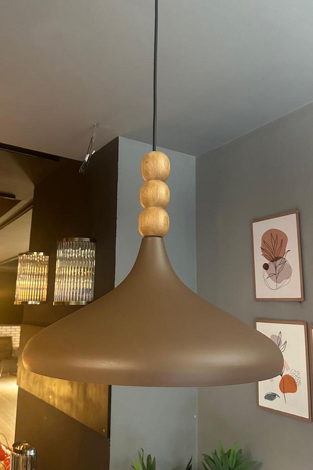 Sütlü Kahve Champion Ahşap Boncuklu Tekli Avize Sarkıt Salon Mutfak Butik Lamba Aydınlatma Avizeler - 4