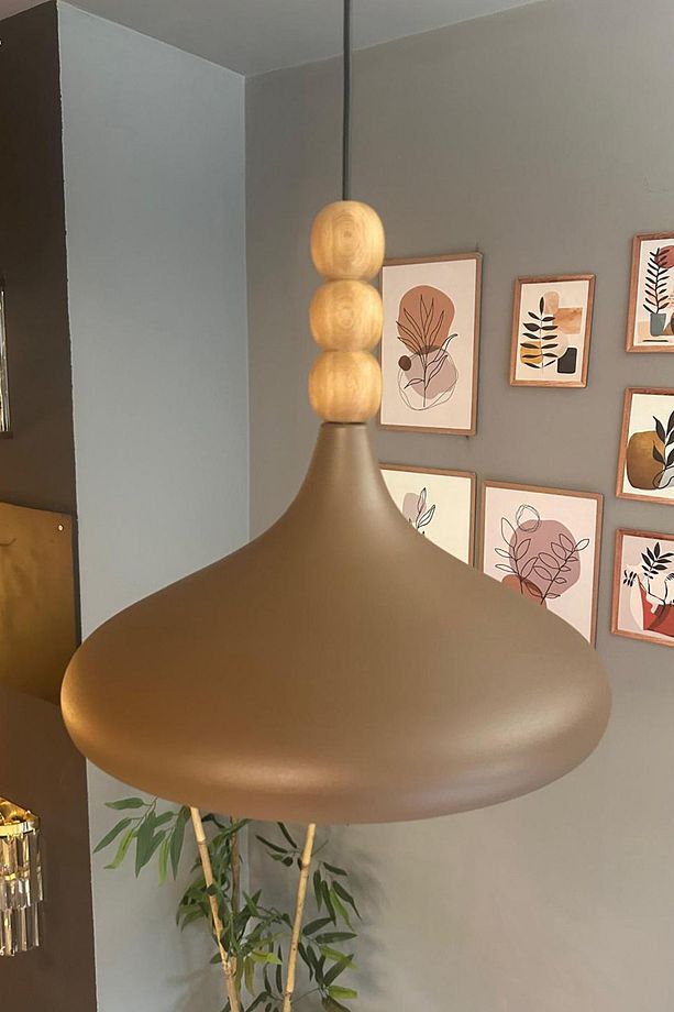 Sütlü Kahve Champion Ahşap Boncuklu Tekli Avize Sarkıt Salon Mutfak Butik Lamba Aydınlatma Avizeler - 5