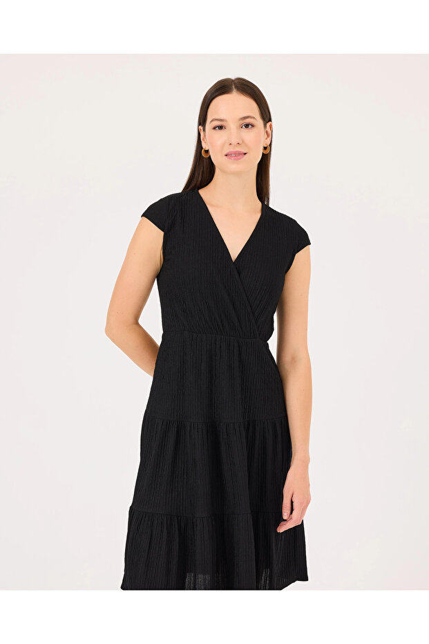 Kruvaze Yaka Elastik Bel Elbise - 3