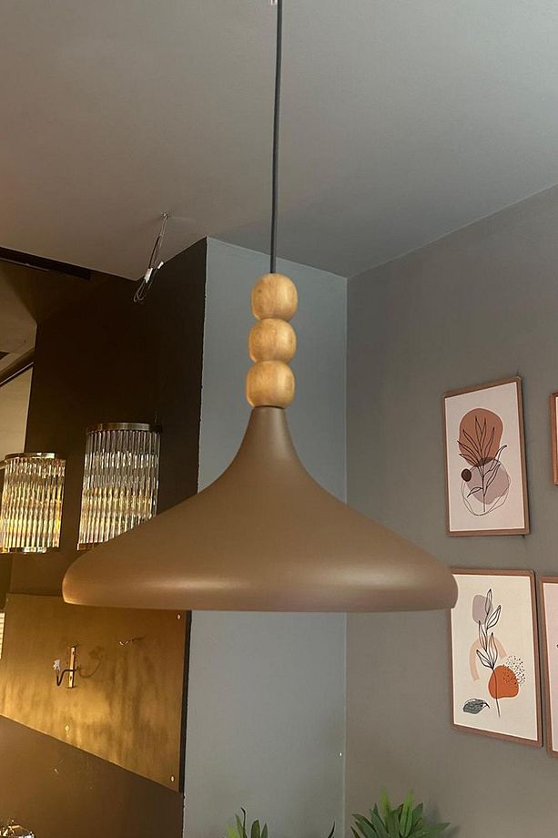 Sütlü Kahve Champion Ahşap Boncuklu Tekli Avize Sarkıt Salon Mutfak Butik Lamba Aydınlatma Avizeler - 2