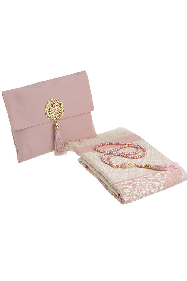 Shantuk Taffeta Prayer Rug and Pearl Vavli Prayer Beads Set, Portable Prayer Set