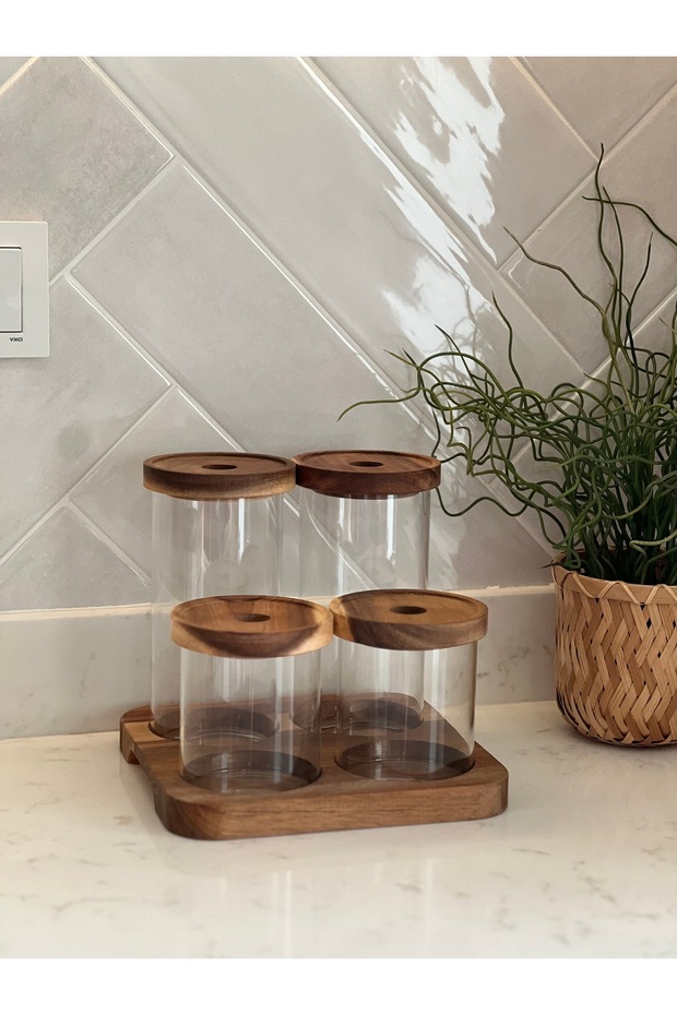 Set of 4 Glass Jars with Acacia Stand