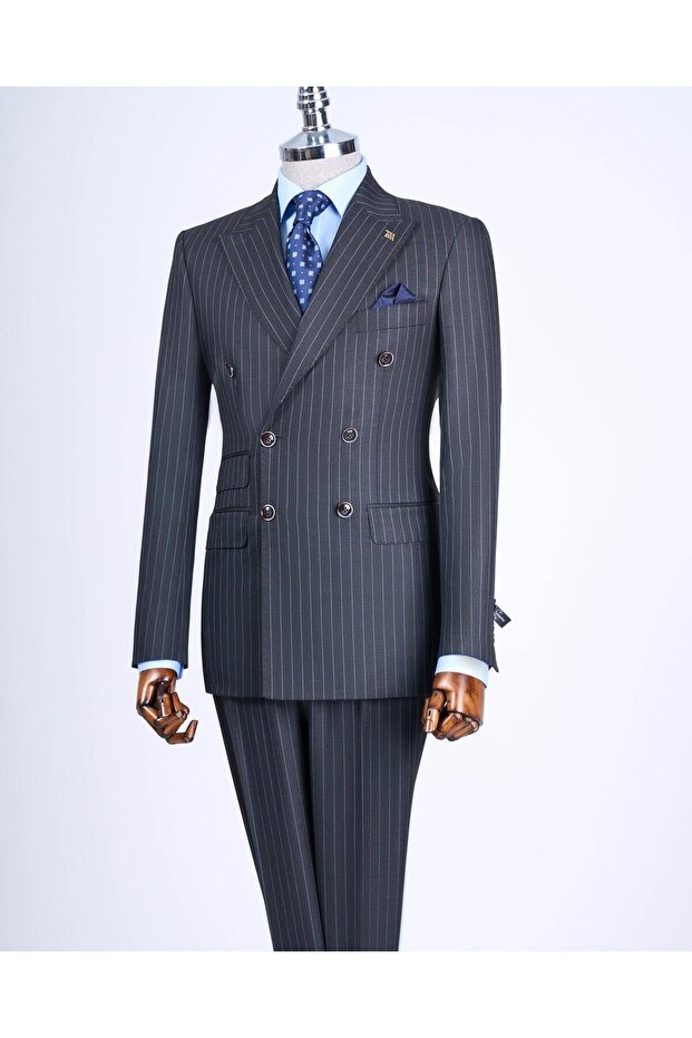 Italian Style Slim Fit Striped Double-Breasted Jacket Trousers Suit Anthracite T13197