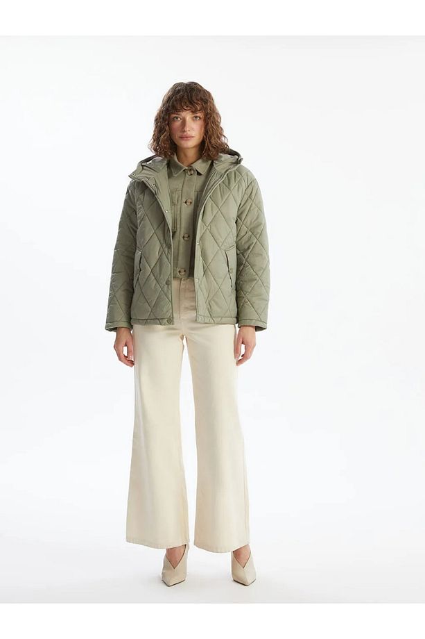Haki Kapüşonlu Kapitone Oversize Kadın Şişme Mont - 2