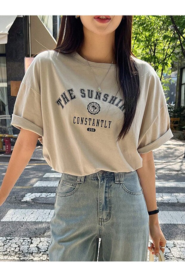 Women's Beige the Sunshine Written Oversize T-Shirt