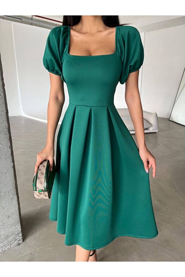 Women Green Square Collar A-Line Fit Short Balloon Sleeves Pleated Midi Evening Dress