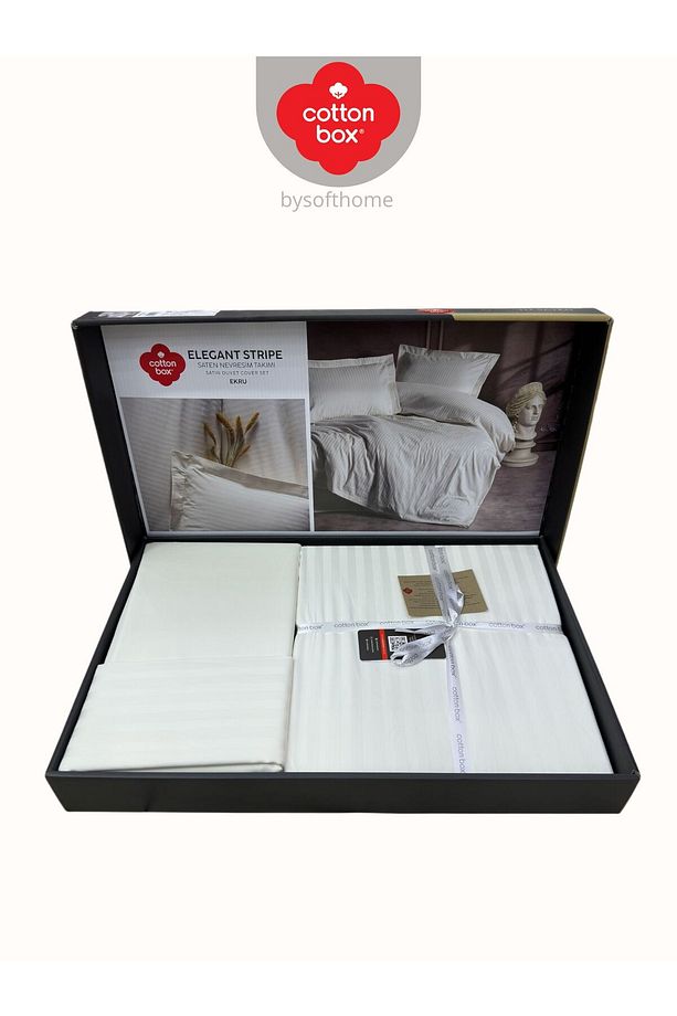 Elegant Stripe Ekru Çift Kişilik Pamuk Saten Nevresim Takımı - 5