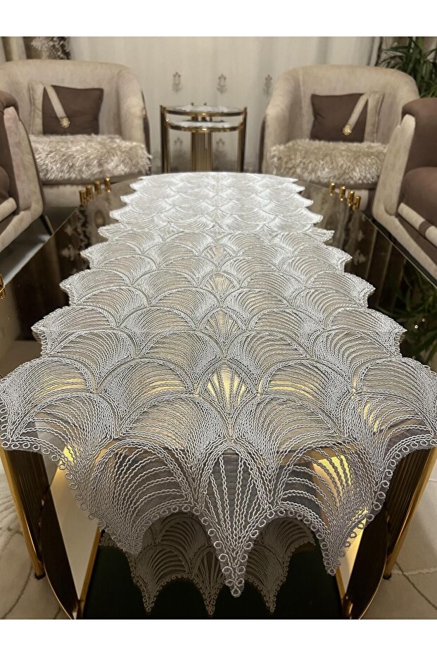 New Luxury Runner Living Room Coffee Table Cover Set French Laced Dowry Set 5 Pieces Gray