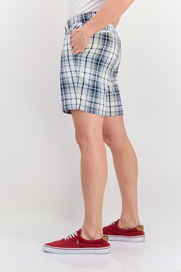 Men Plaid Basic Shorts, Navy - 2