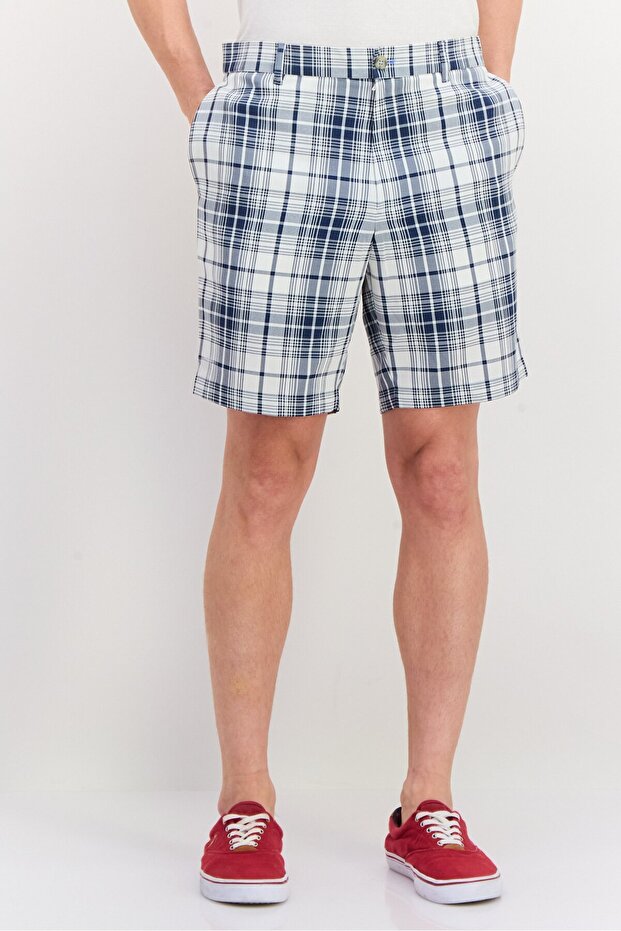 Men Plaid Basic Shorts, Navy - 1